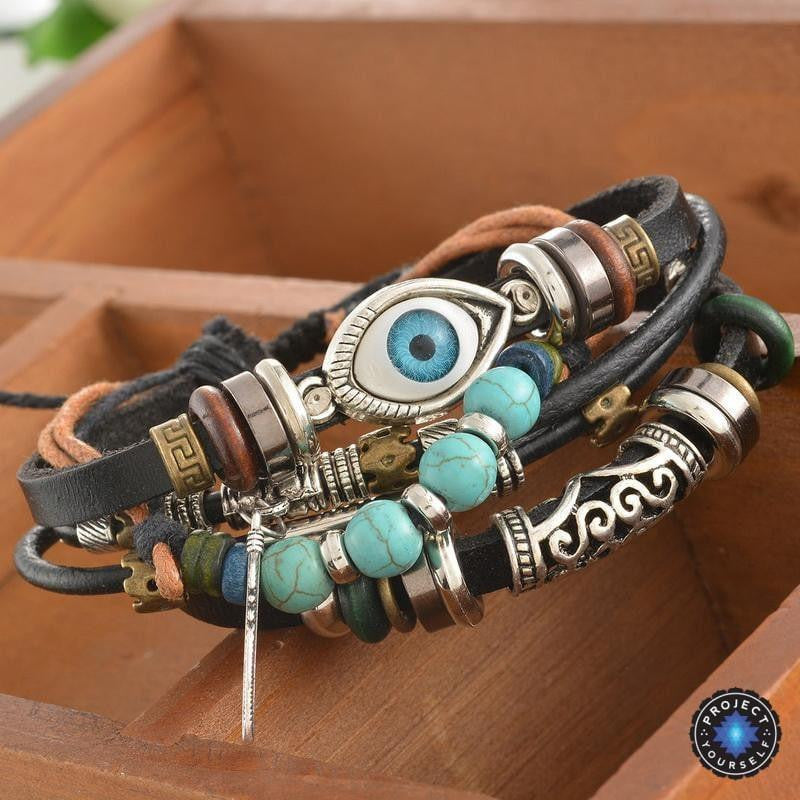 Bracelet en cuir spirituel multicouche - Ajustable et unisexe 