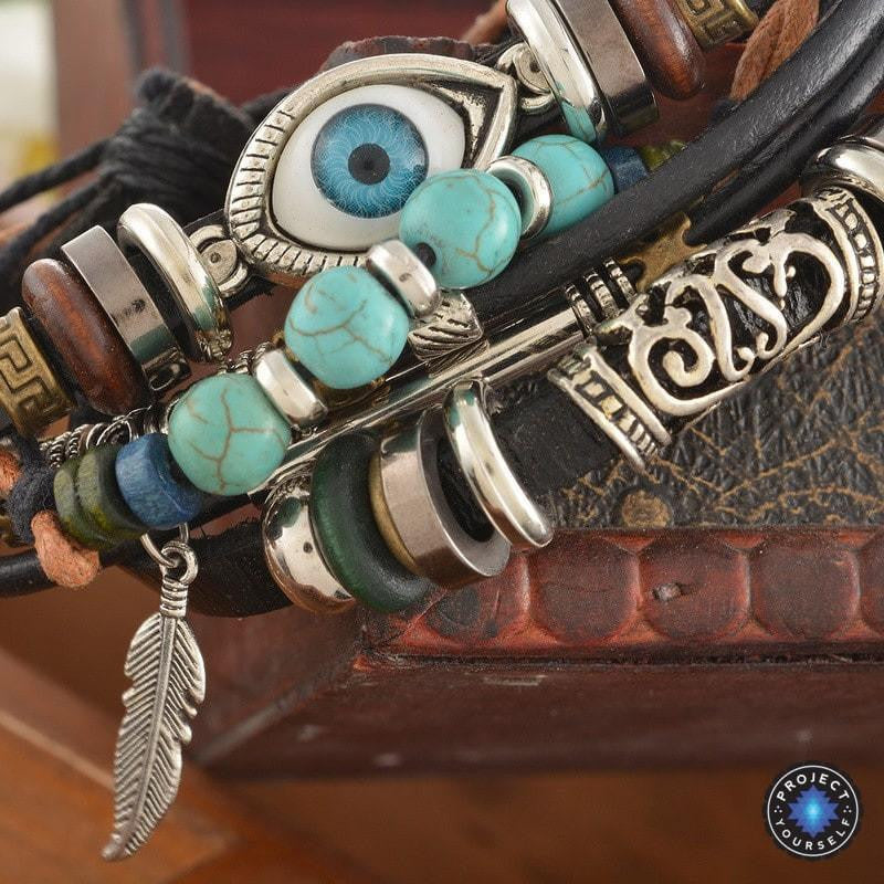 Bracelet en cuir spirituel multicouche - Ajustable et unisexe 