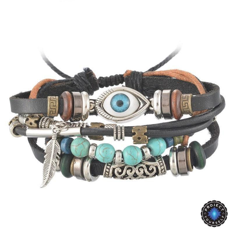 Bracelet en cuir spirituel multicouche - Ajustable et unisexe 