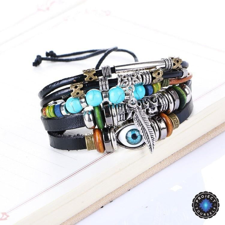 Bracelet en cuir spirituel multicouche - Ajustable et unisexe 