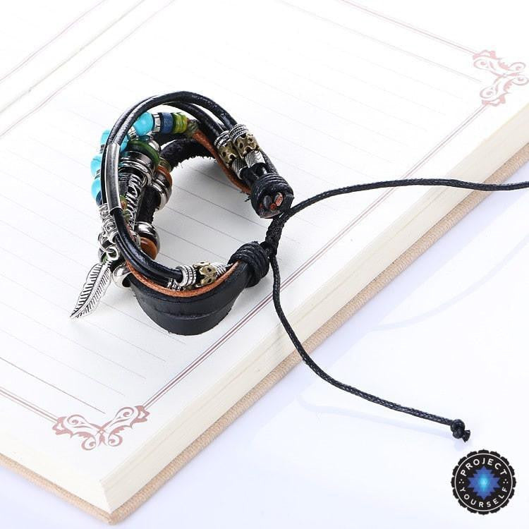 Bracelet en cuir spirituel multicouche - Ajustable et unisexe 