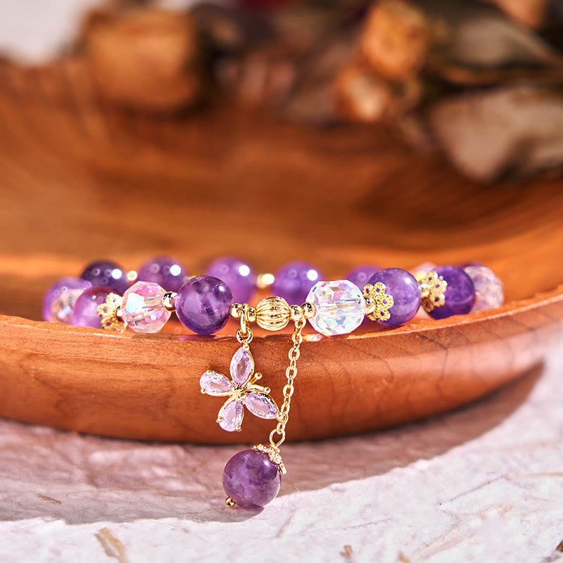 Bracelet à breloques papillon en améthyste naturelle pour la paix intérieure et la guérison
