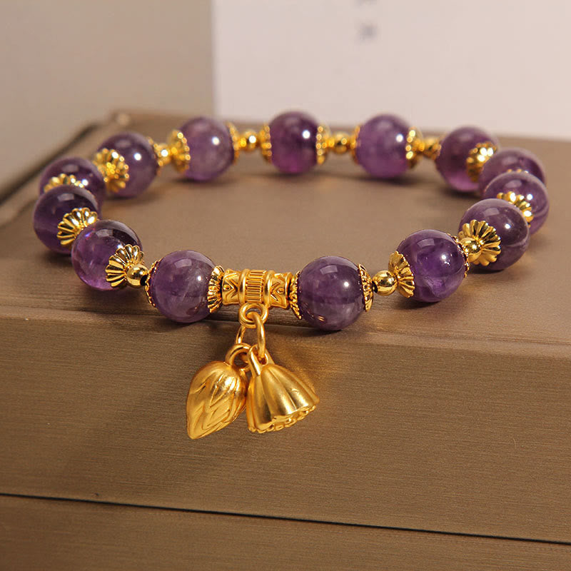 Bracelet de guérison en améthyste naturelle avec lotus pour l'équilibre spirituel