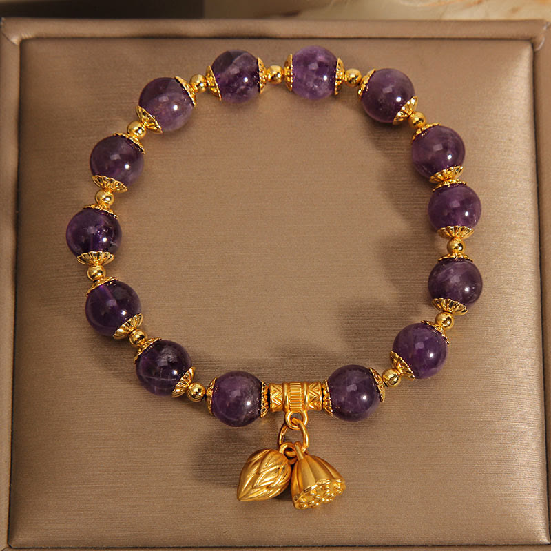 Bracelet de guérison en améthyste naturelle avec lotus pour l'équilibre spirituel