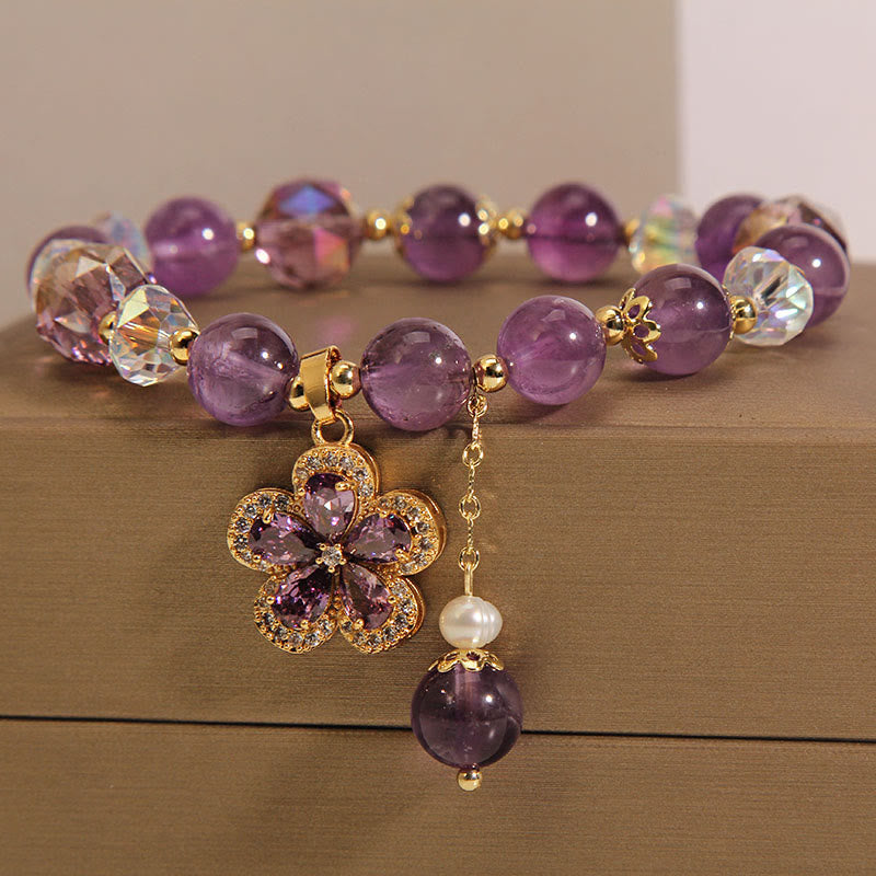 Bracelet de transformation positive avec breloque fleur en perle d'améthyste naturelle