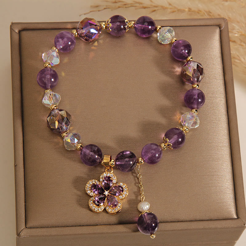 Bracelet de transformation positive avec breloque fleur en perle d'améthyste naturelle