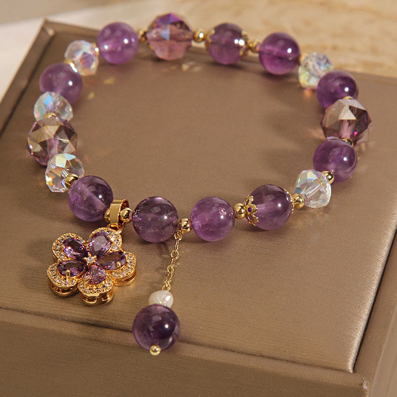 Bracelet de transformation positive avec breloque fleur en perle d'améthyste naturelle