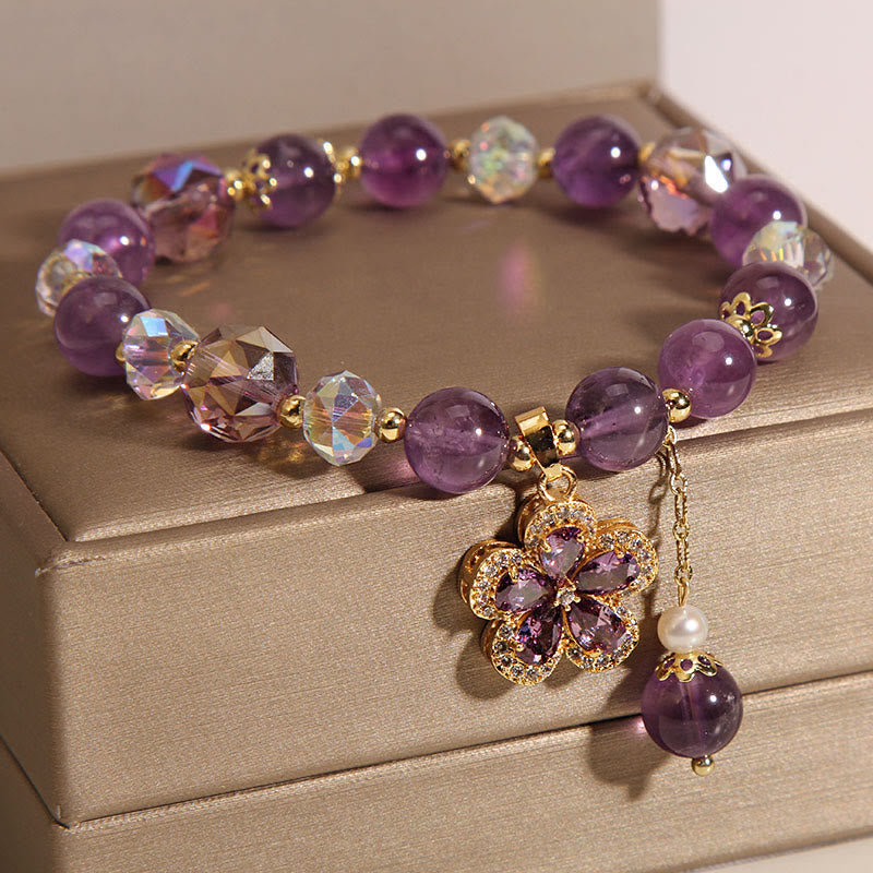Bracelet de transformation positive avec breloque fleur en perle d'améthyste naturelle