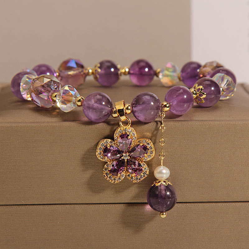 Bracelet de transformation positive avec breloque fleur en perle d'améthyste naturelle