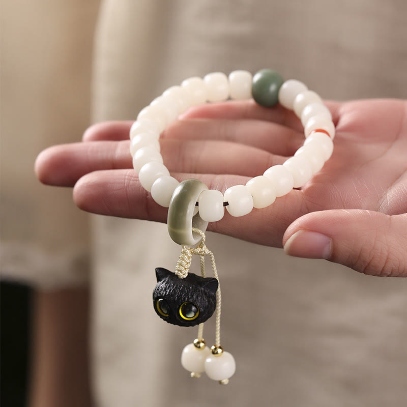 Bracelet en graines de Bodhi naturelles avec breloque chat pour la paix et l'harmonie