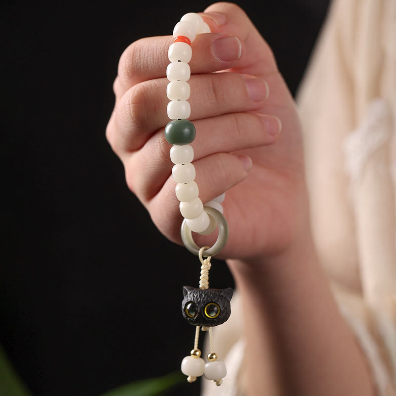 Bracelet en graines de Bodhi naturelles avec breloque chat pour la paix et l'harmonie