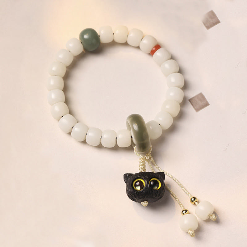 Bracelet en graines de Bodhi naturelles avec breloque chat pour la paix et l'harmonie