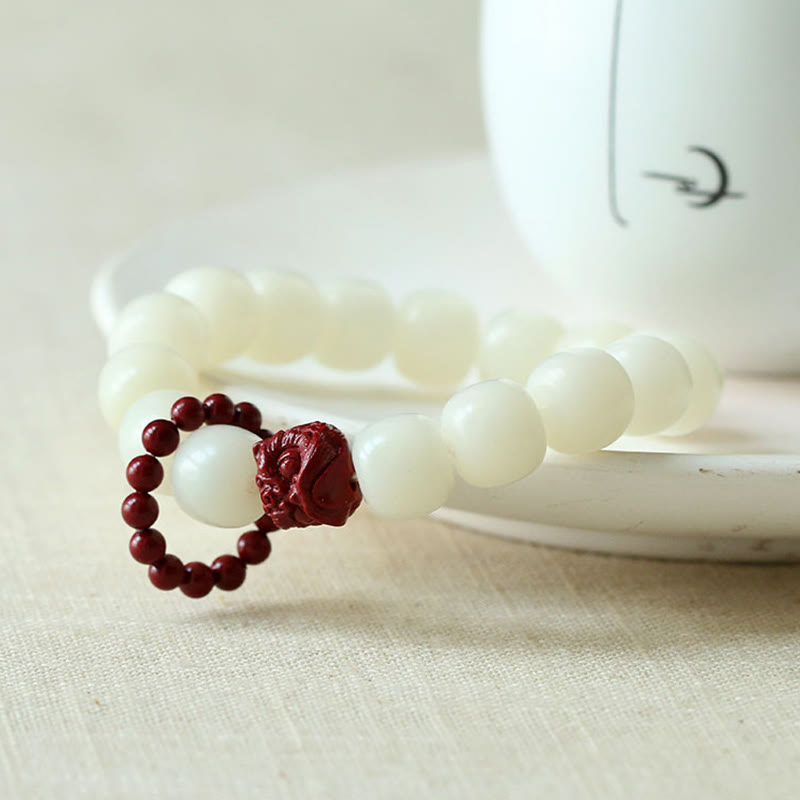 Bracelet Mala à breloques en cinabre et graines de Bodhi naturelles, motif lion dansant