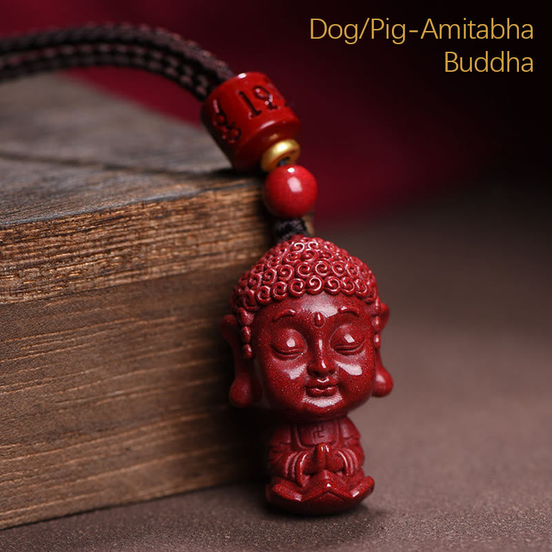 Collier du zodiaque chinois en cinabre naturel avec protection du Bouddha natal