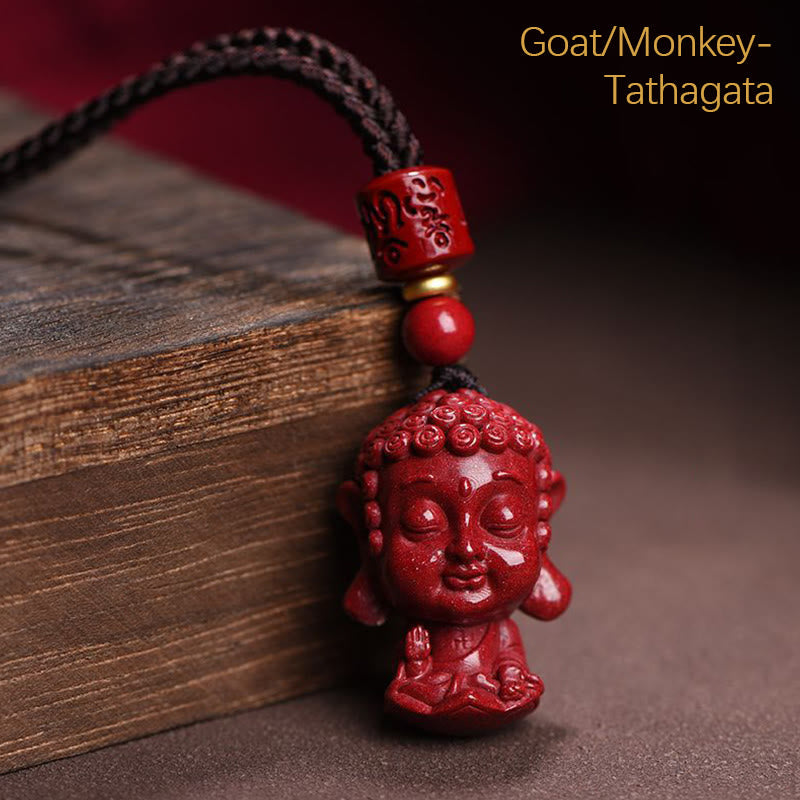 Collier du zodiaque chinois en cinabre naturel avec protection du Bouddha natal