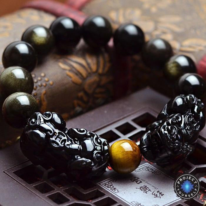 Bracelet Pi Xiu en obsidienne naturelle à reflets dorés