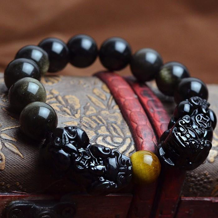 Bracelet Pi Xiu en obsidienne naturelle à reflets dorés