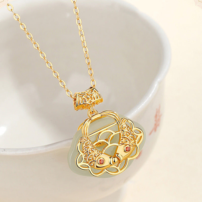 Collier de richesse en jade naturel Hetian Koi Fish en argent sterling