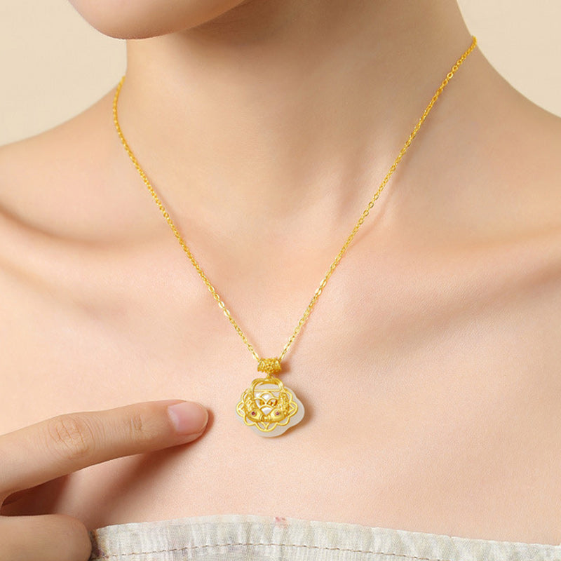 Collier de richesse en jade naturel Hetian Koi Fish en argent sterling