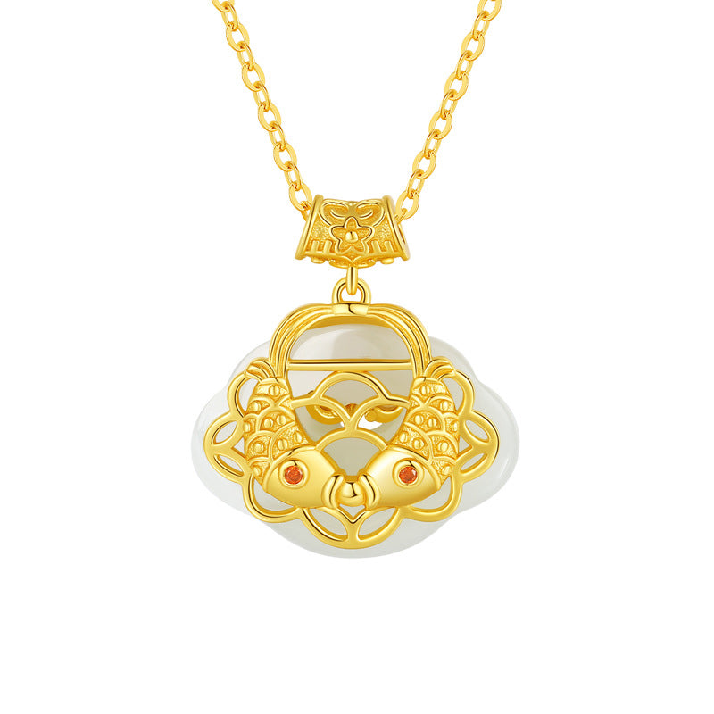Collier de richesse en jade naturel Hetian Koi Fish en argent sterling