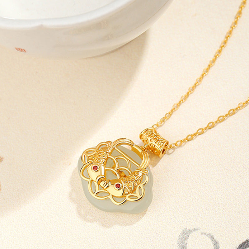 Collier de richesse en jade naturel Hetian Koi Fish en argent sterling
