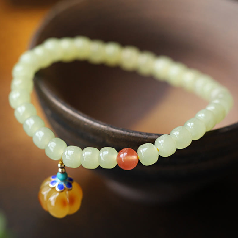 Bracelet de prospérité en jade naturel Hetian avec ambre et agate rouge