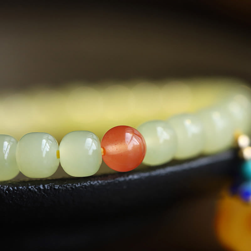 Bracelet de prospérité en jade naturel Hetian avec ambre et agate rouge