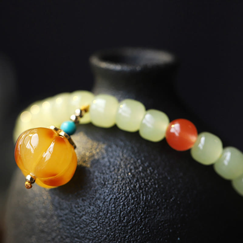 Bracelet de prospérité en jade naturel Hetian avec ambre et agate rouge