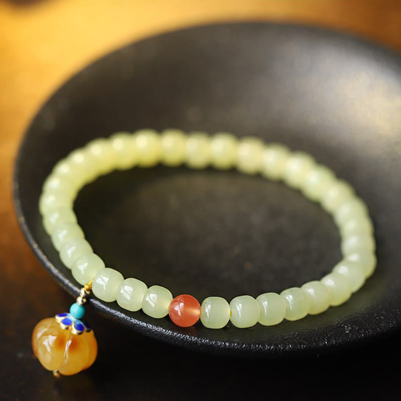 Bracelet de prospérité en jade naturel Hetian avec ambre et agate rouge