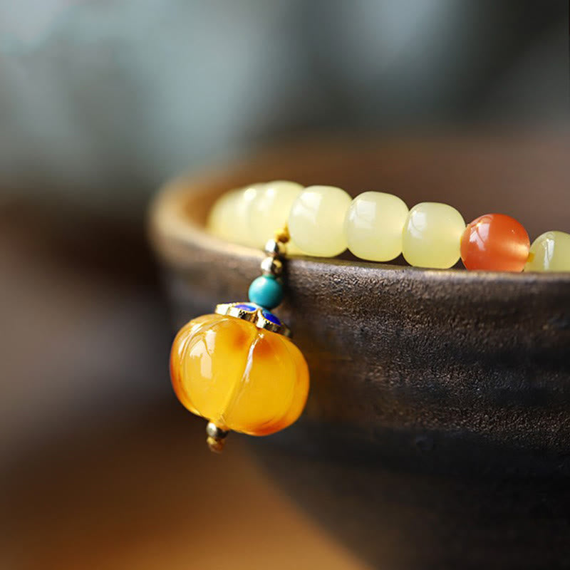 Bracelet de prospérité en jade naturel Hetian avec ambre et agate rouge