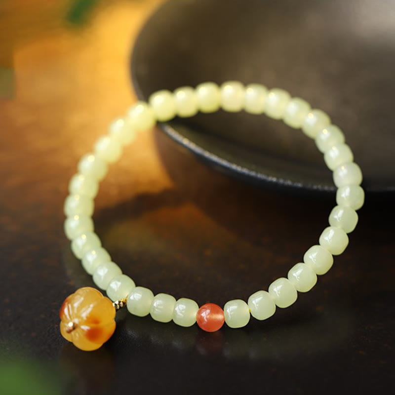 Bracelet de prospérité en jade naturel Hetian avec ambre et agate rouge