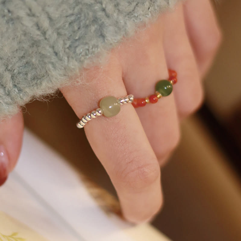 Bague élastique en jade Hetian naturel, agate rouge et perle