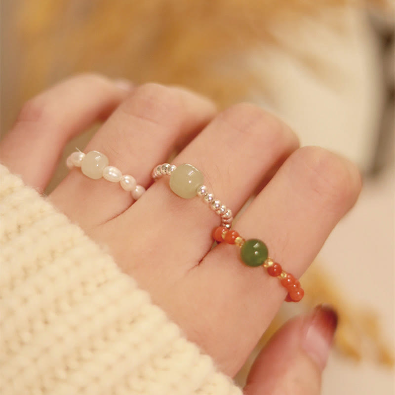 Bague élastique en jade Hetian naturel, agate rouge et perle