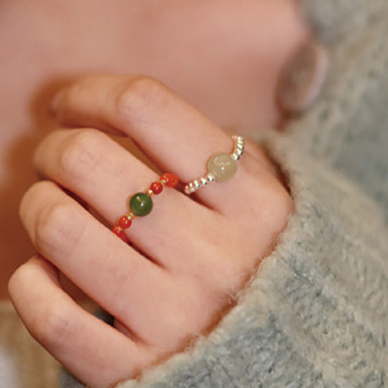 Bague élastique en jade Hetian naturel, agate rouge et perle