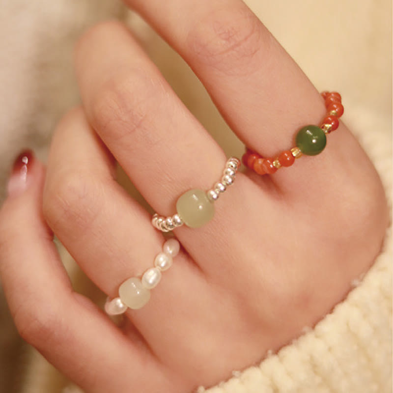 Bague élastique en jade Hetian naturel, agate rouge et perle