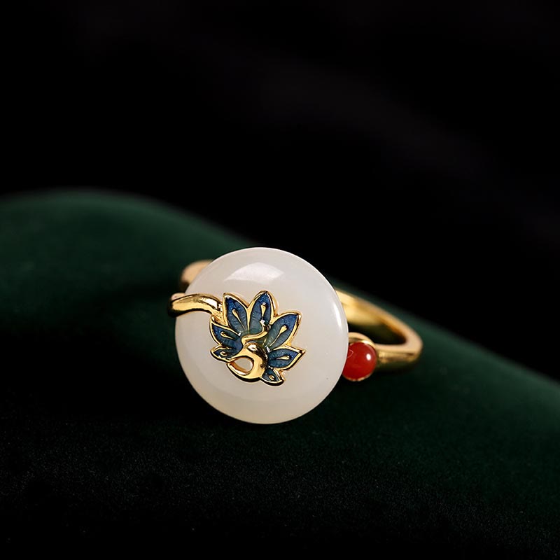 Parure de bijoux en jade blanc Hetian naturel avec paon béni en argent sterling