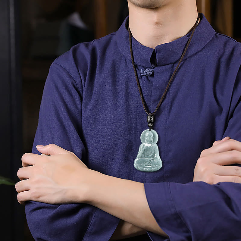 Collier de compassion en jade naturel Amitabha Bouddha, cordon de 65 cm
