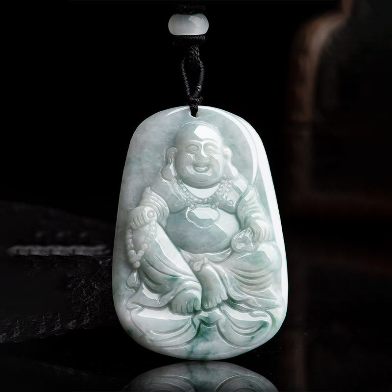 Collier pendentif porte-bonheur Bouddha rieur en jade naturel 65 cm
