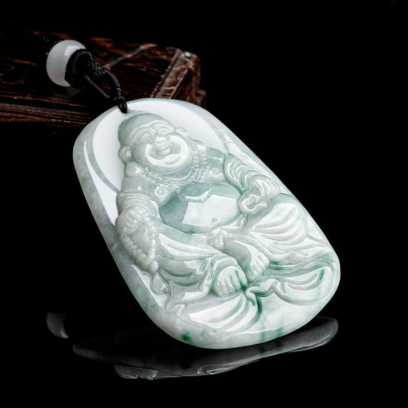 Collier pendentif porte-bonheur Bouddha rieur en jade naturel 65 cm