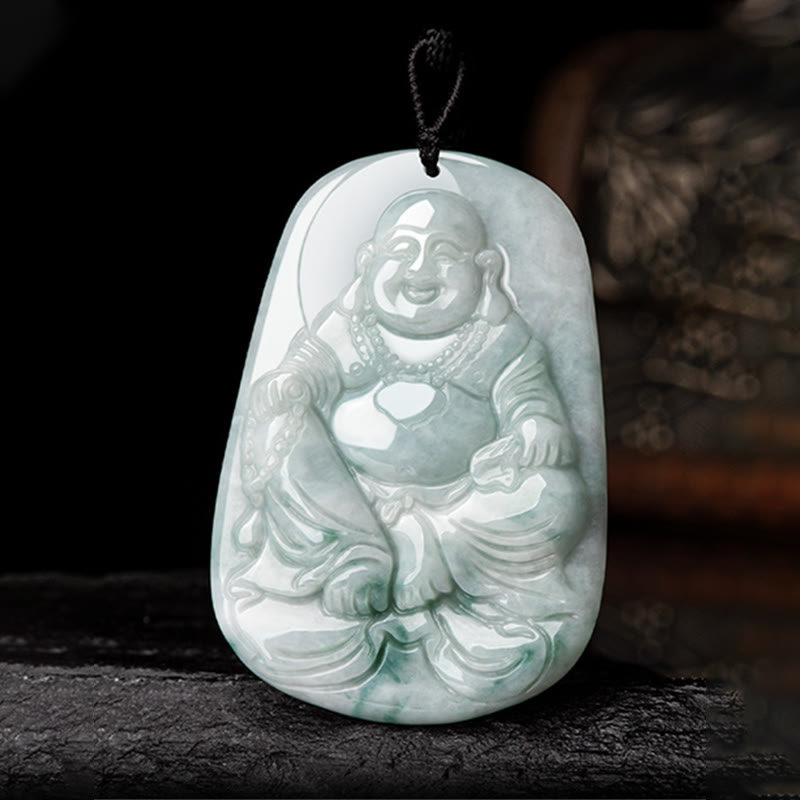 Collier pendentif porte-bonheur Bouddha rieur en jade naturel 65 cm