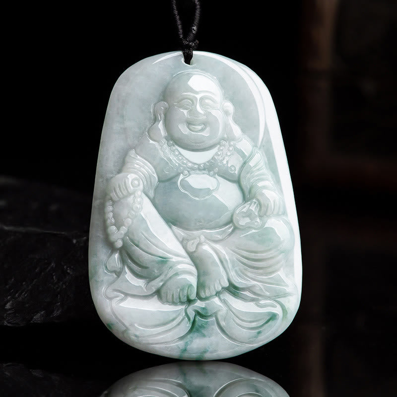 Collier pendentif porte-bonheur Bouddha rieur en jade naturel 65 cm