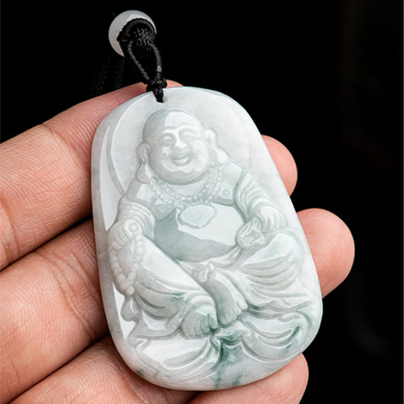 Collier pendentif porte-bonheur Bouddha rieur en jade naturel 65 cm