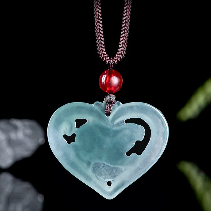 Collier pendentif porte-bonheur en jade naturel avec cœur et lapin