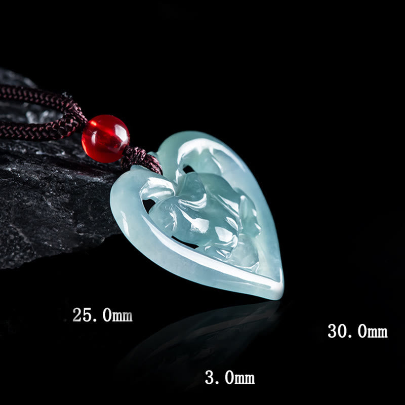 Collier pendentif porte-bonheur en jade naturel avec cœur et lapin
