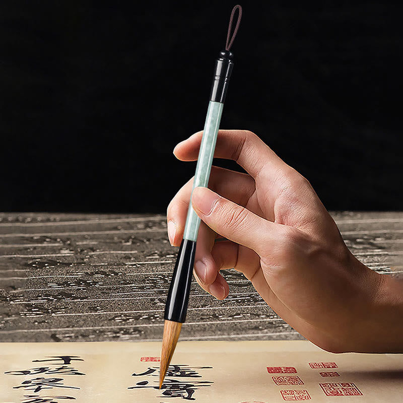 Pinceau de calligraphie chinoise en jade naturel avec coffret cadeau