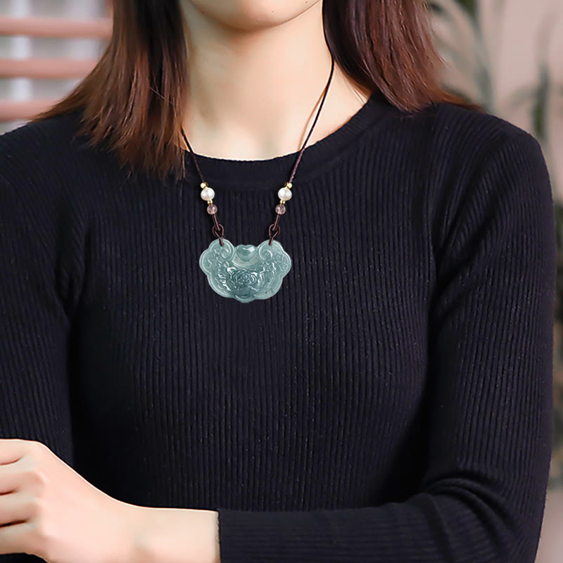 Collier pendentif fleur de pivoine en jade naturel, 32,5 mm