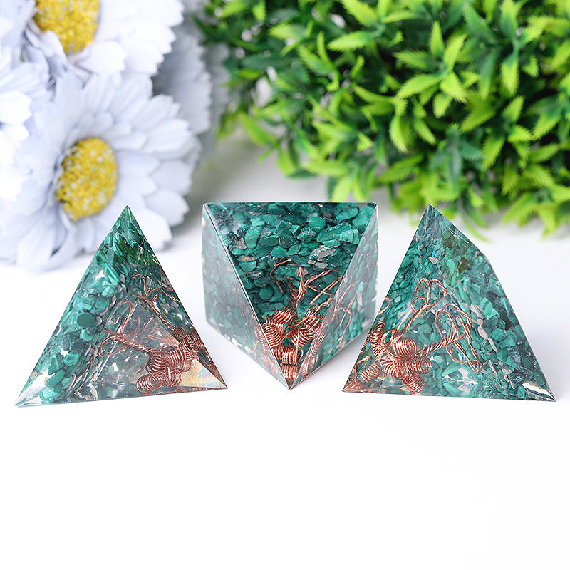 Natural Malachite Tree of Life Resin Pyramid Crystal Healing Sculpture