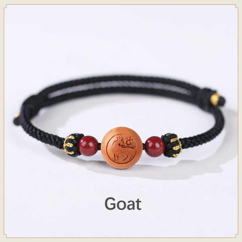 Bracelet de richesse en bois de pêcher naturel avec symbole du zodiaque chinois Fu et cinabre