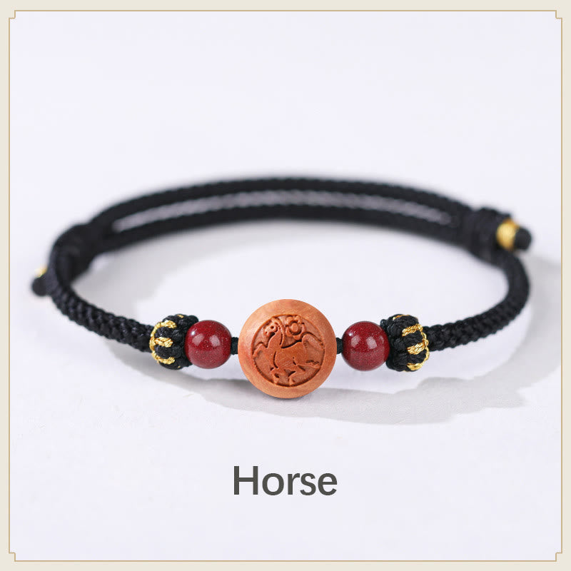 Bracelet de richesse en bois de pêcher naturel avec symbole du zodiaque chinois Fu et cinabre