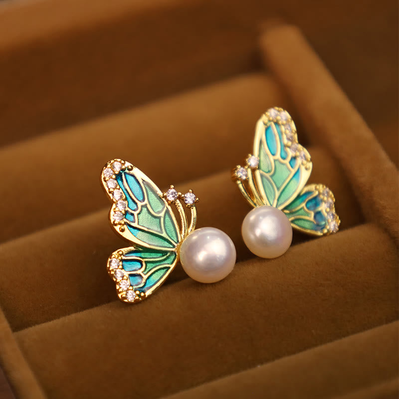 Boucles d'oreilles à tige en perles naturelles et papillons avec tiges en argent sterling